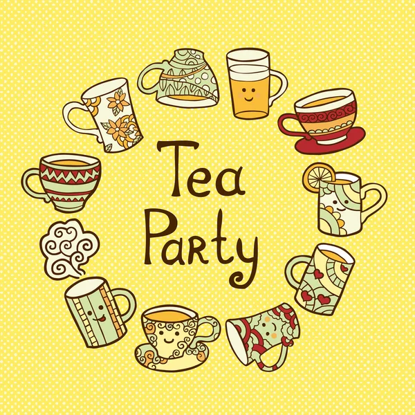 Carte Tea Party avec doodle tasses . — Image vectorielle