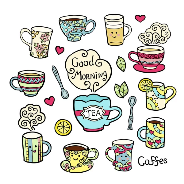 Set colorido con accesorios de té doodle aislados sobre fondo blanco . — Vector de stock