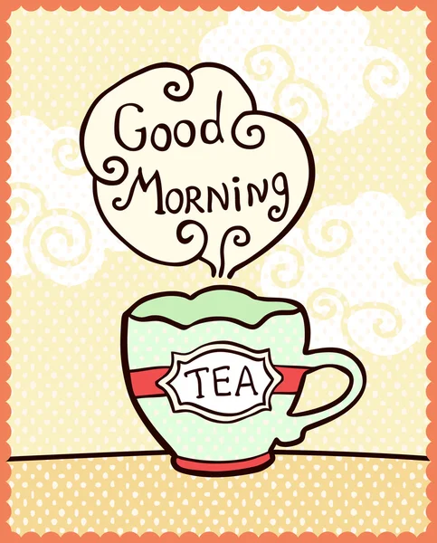Tarjeta con taza de té y nota Buenos días . — Vector de stock