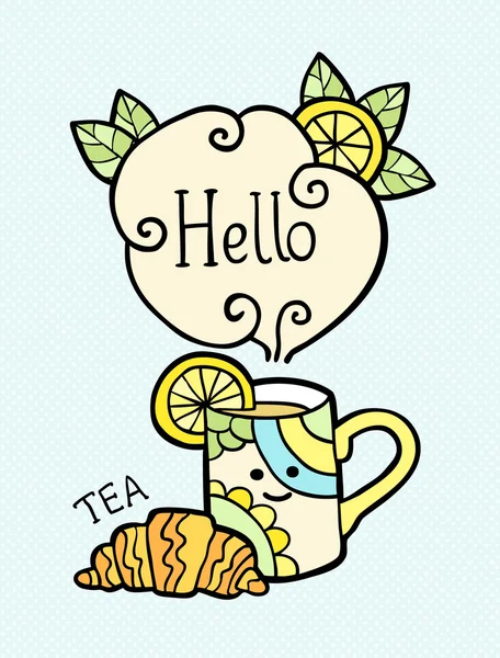 Tarjeta con garabato taza de té y texto Hola . — Vector de stock