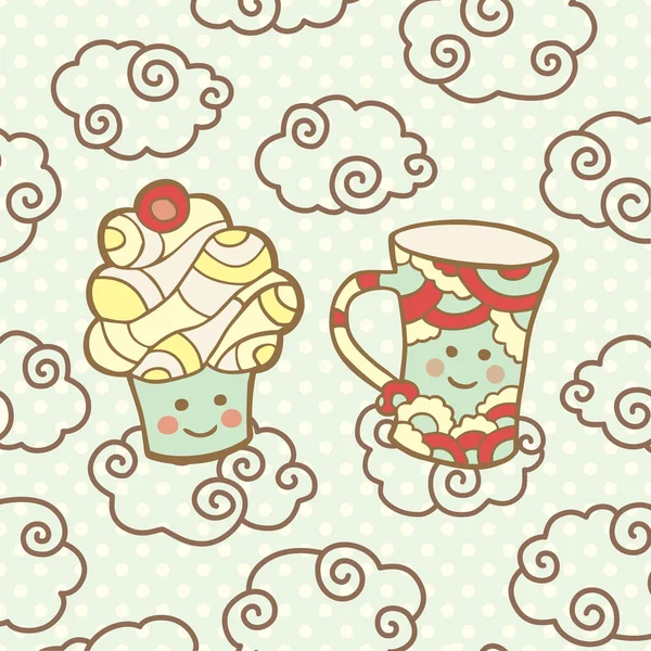 Cute smiling cupcake and cup on clouds. — Διανυσματικό Αρχείο