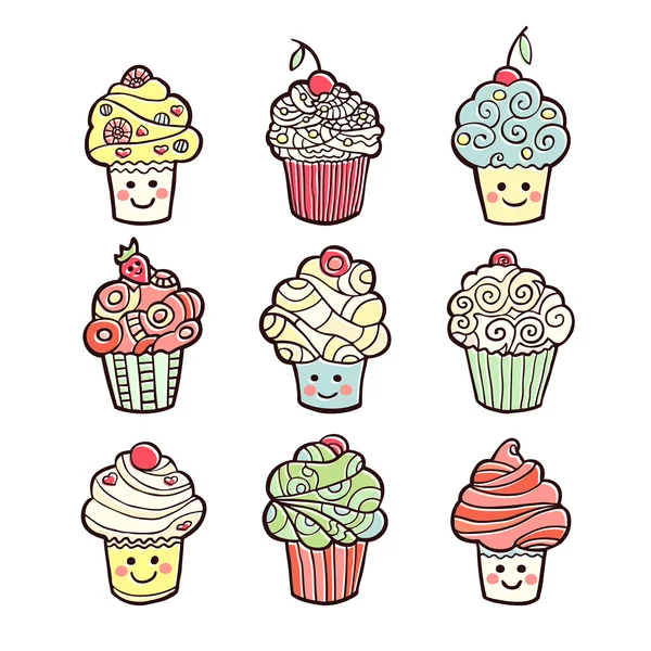 Conjunto de cupcakes doces coloridos isolados no fundo branco . — Vetor de Stock