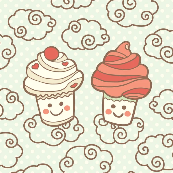 Two cute smiling cupcakes on clouds. — Stok Vektör