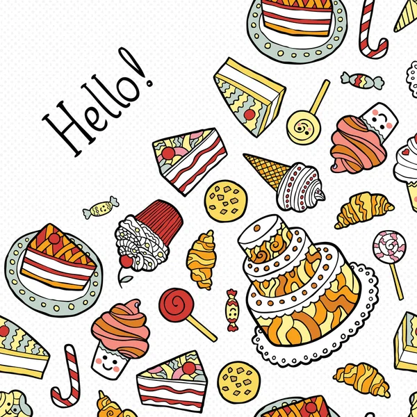 Greeting Card with doodle sweets on dotted background. — 스톡 벡터