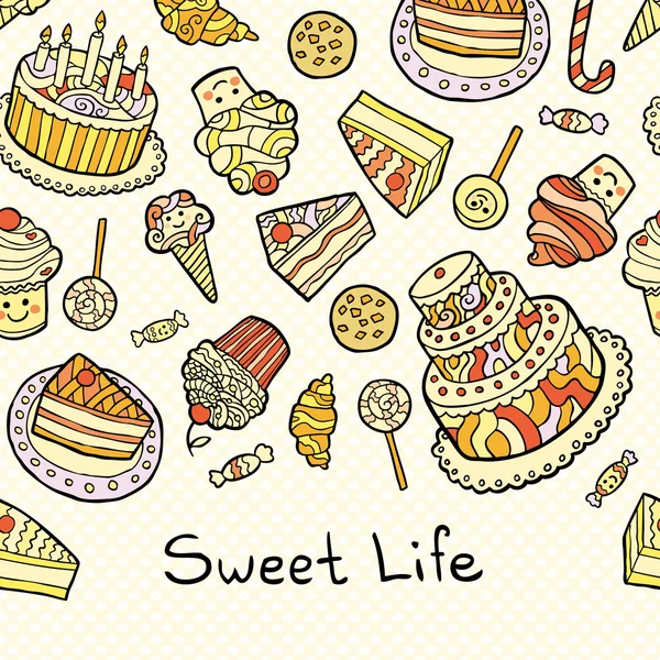 Tatlı hayat kartı üzerinde noktalı arka plan izole kek ile. — Stok Vektör