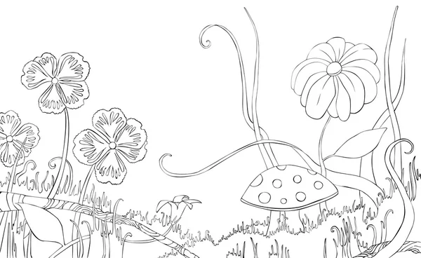 Flowers, grass and mushroom on the meadow. Coloring book. — Wektor stockowy