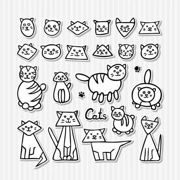 Conjunto de gatos divertidos dibujados a mano sobre fondo gris rayado . — Vector de stock