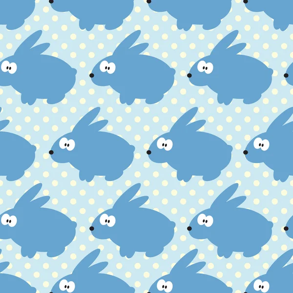 Nahtloses Muster mit Kaninchen auf blau gepunktetem Hintergrund. — Stockvektor