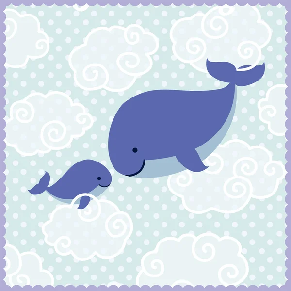 Carte avec des baleines mignonnes dans les nuages sur fond bleu pointillé . — Image vectorielle
