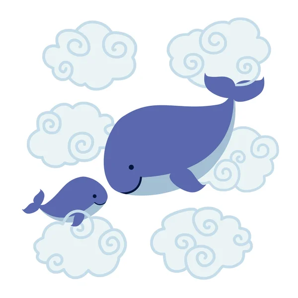 Милые мультяшные киты - мать и ребенок в облаках . — стоковый вектор