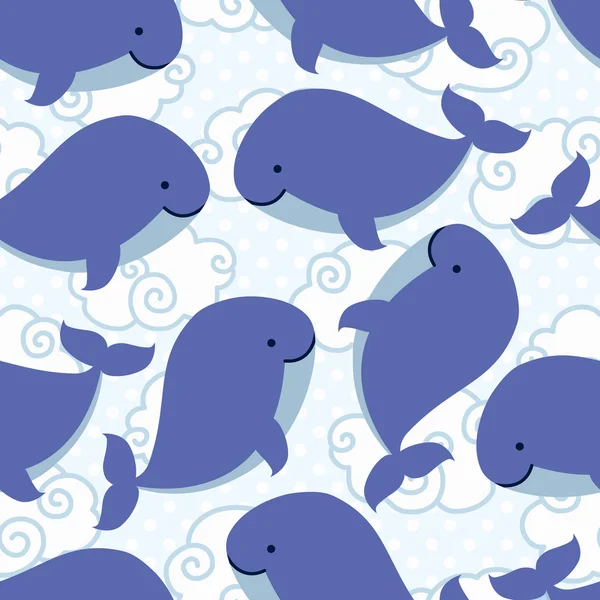 Naadloze patroon met leuke cartoon walvis in wolken. — Stockvector