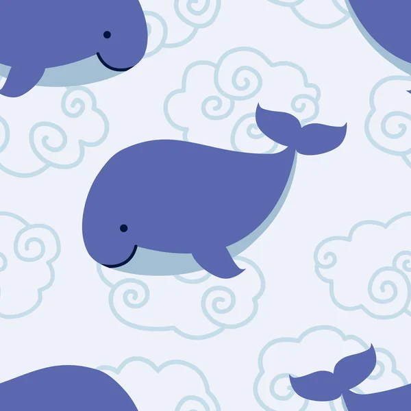 Patrón sin costuras con ballena linda en las nubes sobre fondo azul . — Vector de stock