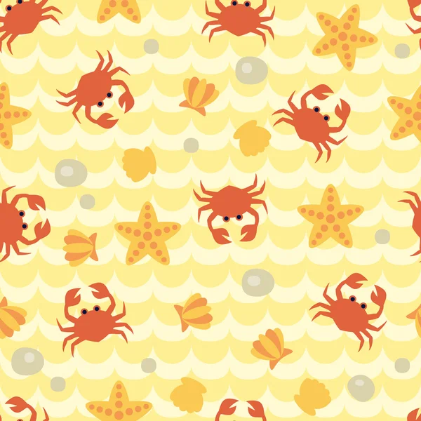 Patrón sin costuras con lindos cangrejos de dibujos animados, conchas marinas y estrellas de mar — Vector de stock