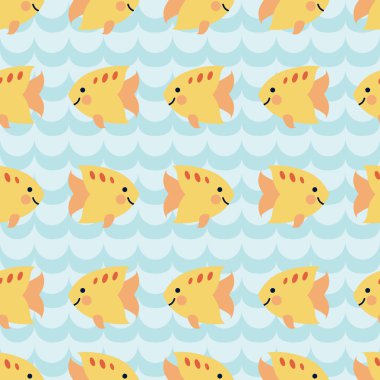 Sevimli karikatür gülümseyen balıklar sürüsü ile dikişsiz desen.