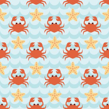 Sevimli karikatür yengeçler ve denizyıldızları sürüsü ile Dikişsiz desen