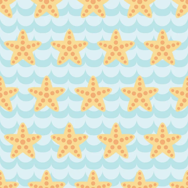 Modèle sans couture avec des étoiles de mer dessin animé mignon sur fond de vague bleue . — Image vectorielle