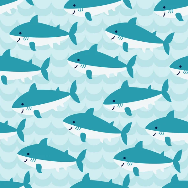Patrón sin costuras con bandada de lindos tiburones de dibujos animados — Vector de stock