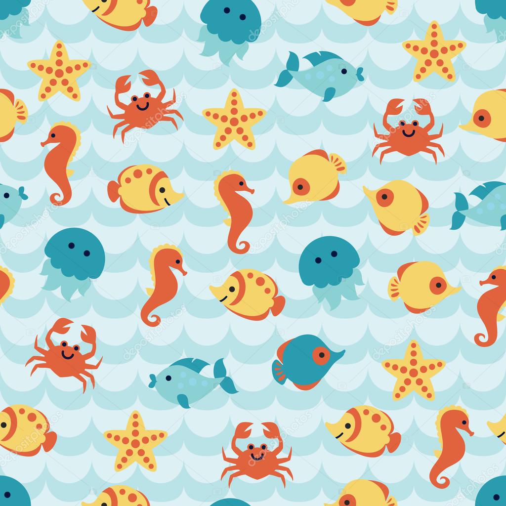 Seamless pattern with cute sea animals on blue wave background. Stock  Vector Image by ©verock #113037722