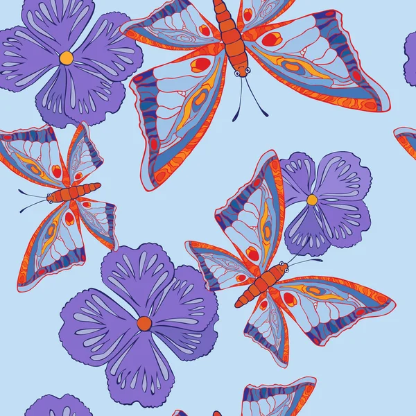 Pola mulus dengan kupu-kupu dan bunga - Stok Vektor