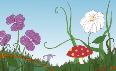 Çiçek, çimen ve mantar çayır üzerinde