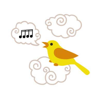 Bulut ve şarkı şarkı üzerinde oturan sevimli çizgi kuş