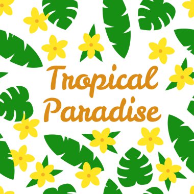 Beyaz arka planda çiçek ve yapraklar ile Tropikal cennet kartı.