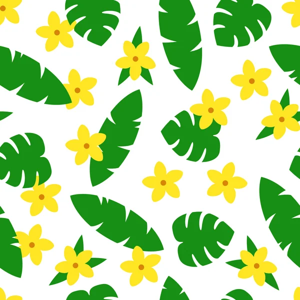 Patrón sin costuras con hojas tropicales y flores sobre fondo blanco . — Vector de stock