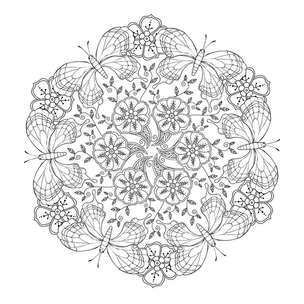 Mendie Mandala aux papillons et fleurs . — Image vectorielle
