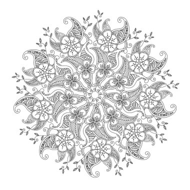 Çiçek ve yaprakları ile Monokrom Mendie Mandala