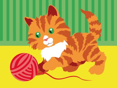 Sevimli turuncu kedi yavrusu odada bir clew ile oynarken.