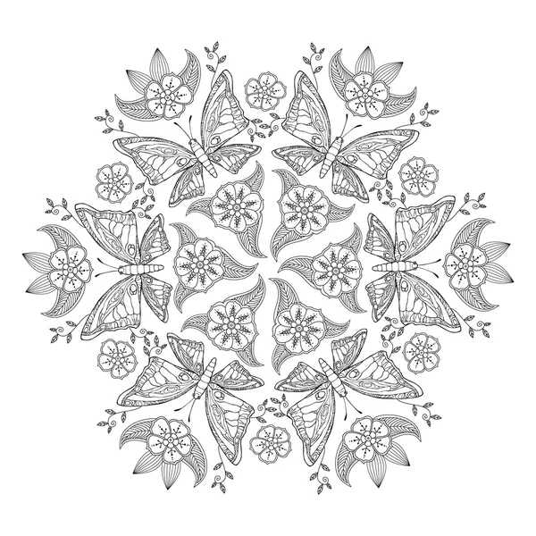 Mendie Mandala aux papillons et fleurs. Pour livre à colorier . — Image vectorielle