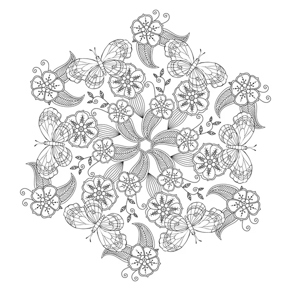 Mendie Mandala med fjärilar, blommor och löv. Zenart inspirerad. — Stock vektor