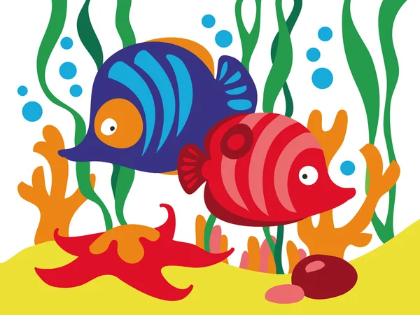 Deux poissons de dessin animé mignons sous la mer . — Image vectorielle