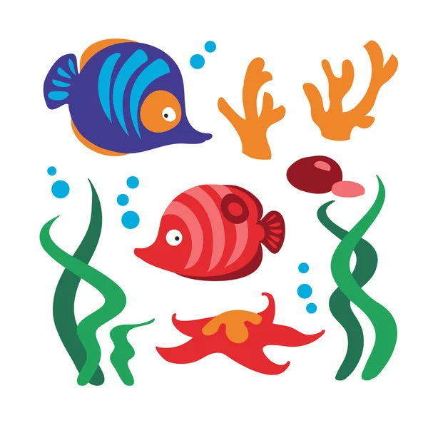 A halak, korallok, tengeri csillag, sziklák, alga és buborékok víz alatti beállítása — Stock Vector