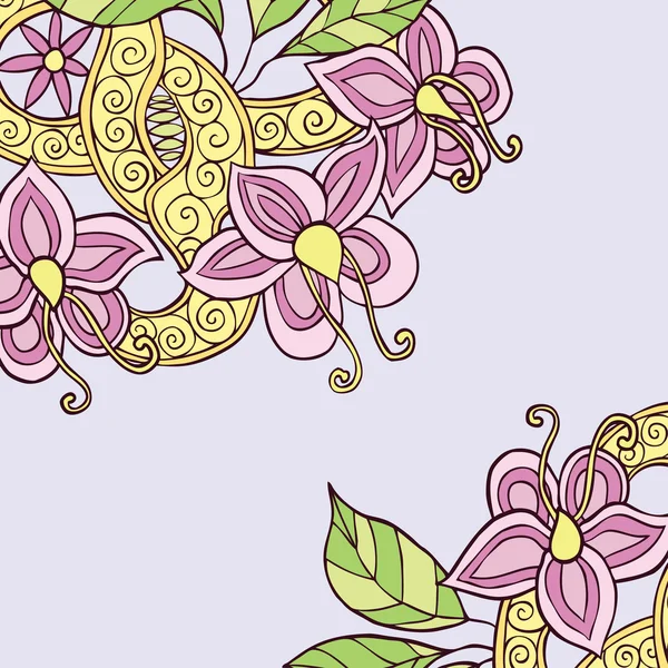 Fondo cuadrado con flores de garabato coloridas dibujadas a mano, hojas — Vector de stock