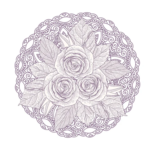 曼陀罗与孤立的白色背景上的三个玫瑰花束. — 图库矢量图片