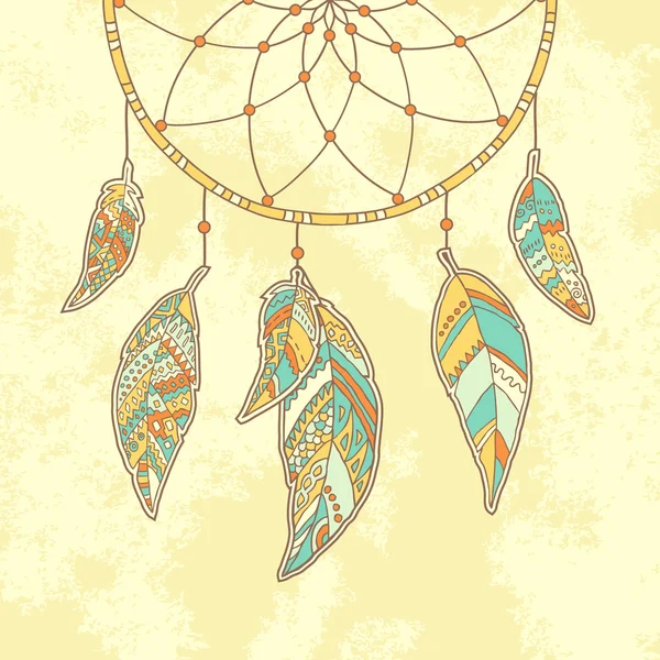 Hand drawn Dreamcatcher on textured paper background. Native Indian talisman. — Stock Vector