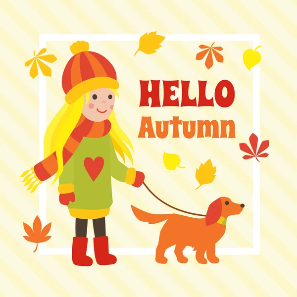Tarjeta de otoño con linda chica de dibujos animados paseando a un perro — Archivo Imágenes Vectoriales