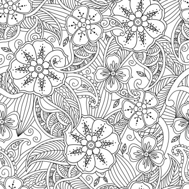 Çiçekler ile Seamless Modeli ve doodle mendie tarzında yapraklar.