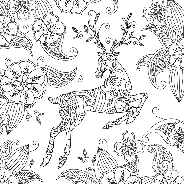 Página para colorear con hermosos ciervos corriendo y fondo floral . — Vector de stock