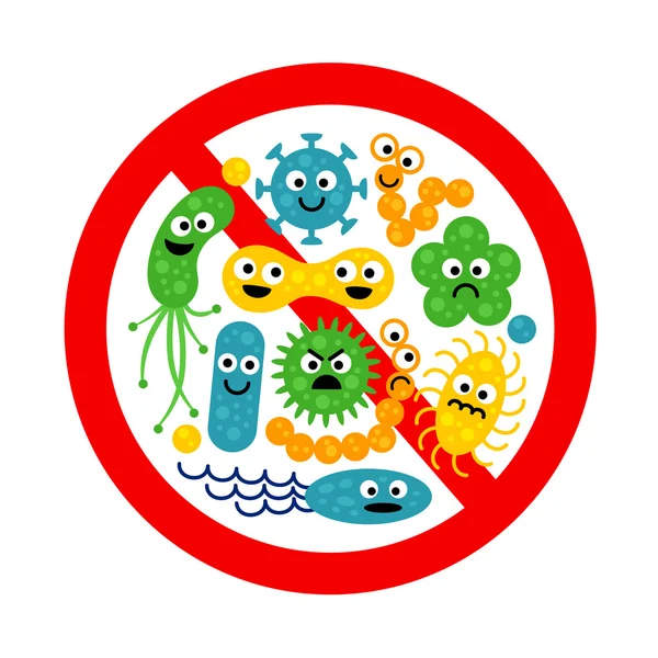 Stoppen met bacterie teken met vele leuke cartoon edelstenen — Stockvector