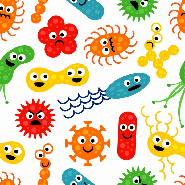 无缝模式与可爱多彩有趣细菌，细菌 — 图库矢量图片