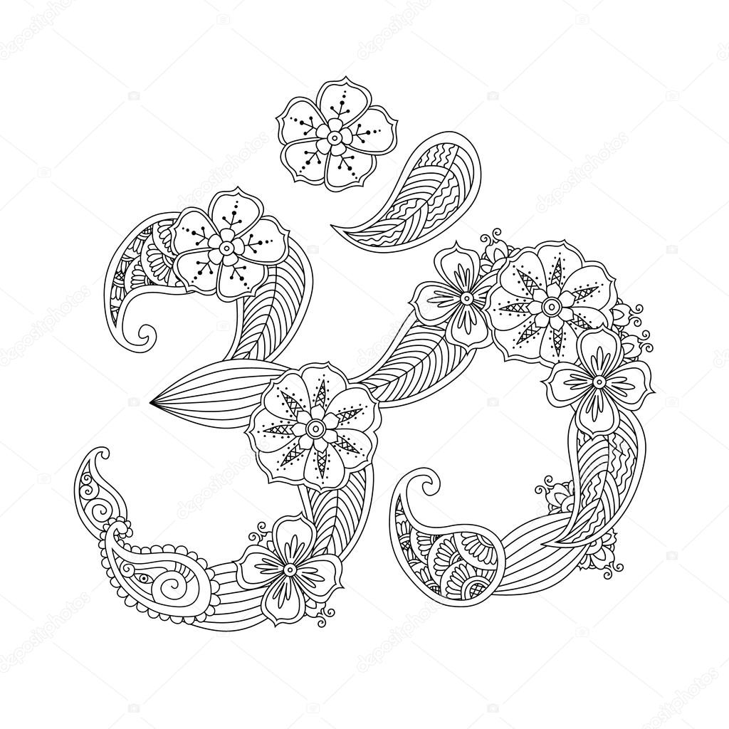 OM ou Aum signe bordée de fleurs et de feuilles de style henna mehndi isolé sur fond blanc Symbole de l hindouisme Peut ªtre utilisé me livre de