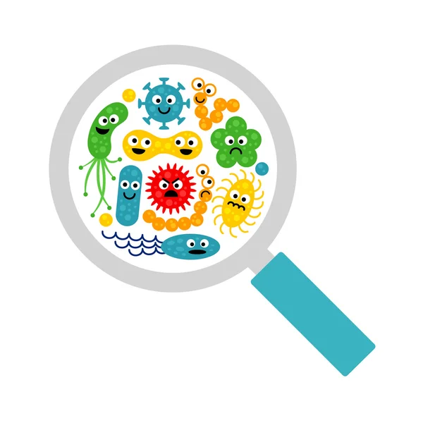 Изображение лупы и милых смешных бактерий, микробов — стоковый вектор