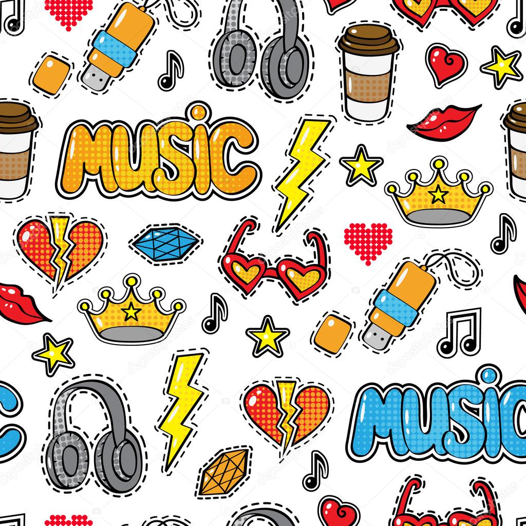 Seamless pattern with fashion patch badges, stickers in comic style