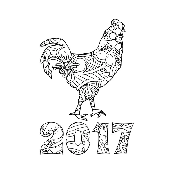 Stylish cock, or rooster and numbers 2017 on white background. — Stock vektor