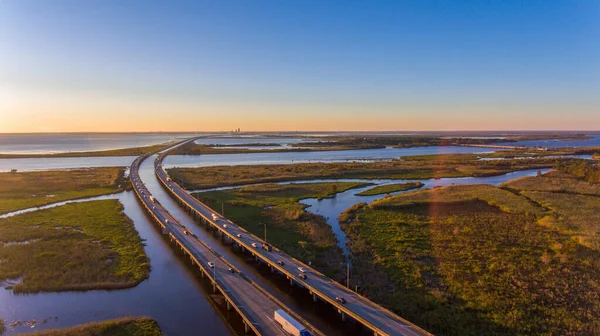 Vista Aérea Del Puente Interestatal Mobile Bay Alabama Atardecer — Foto de Stock