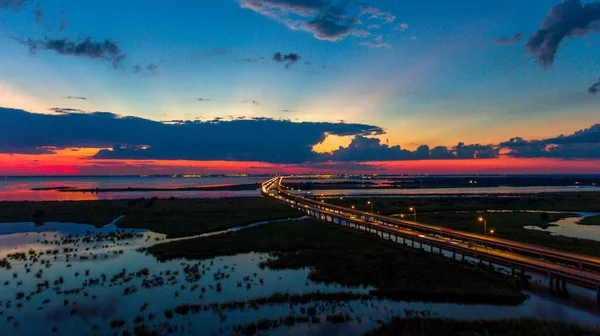 Vista Aérea Del Puente Interestatal Mobile Bay Alabama Atardecer — Foto de Stock