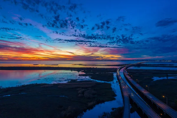 Letecký Pohled Most Mobile Bay Alabama Při Západu Slunce — Stock fotografie