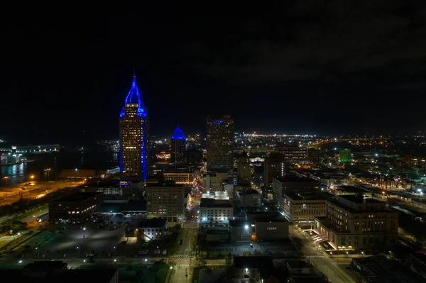 Downtown Mobile Alabama Nábřeží Panorama Noci — Stock fotografie